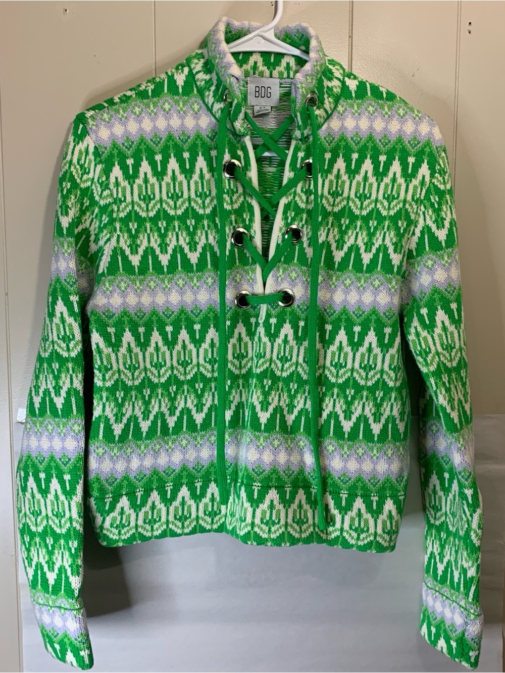 Women’s Petite Small BDG Bright Green Fair Isle Lace-Up Knit Jacket